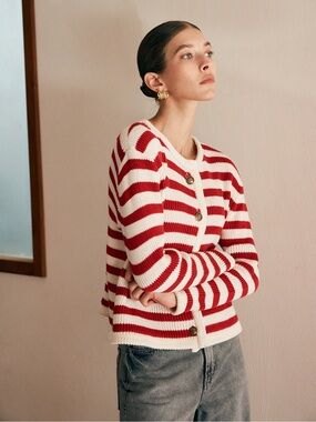 Striped Red & White Button-Front Women's Cardigan Sweater